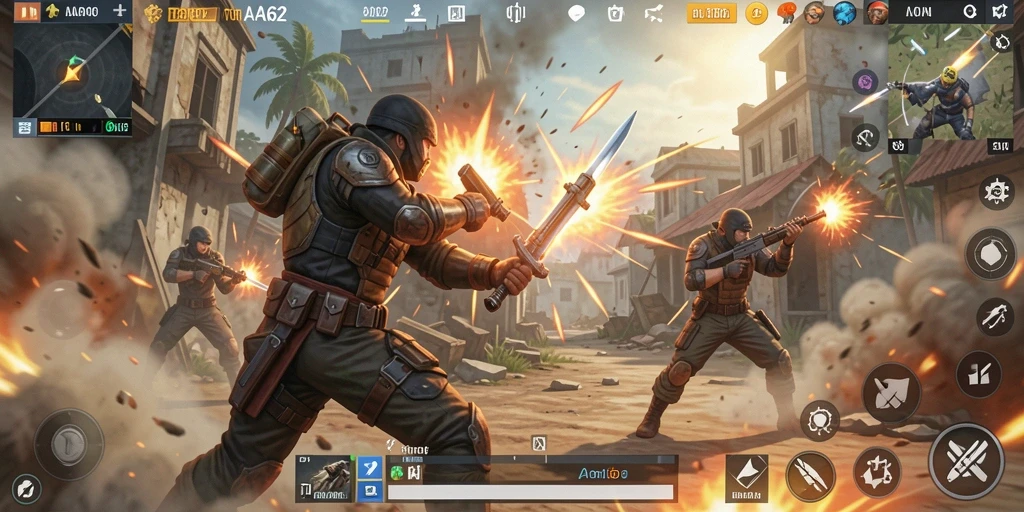 Screenshot permainan AA62 menampilkan aksi Battle Royale yang mendebarkan.