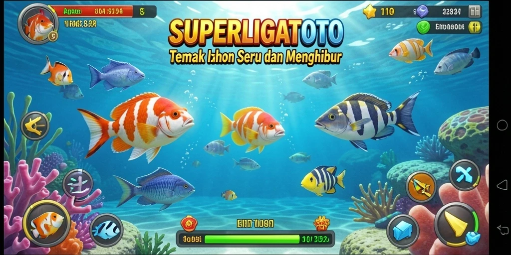 Tampilan gameplay SUPERLIGATOTO saat menembak ikan yang berwarna-warni.